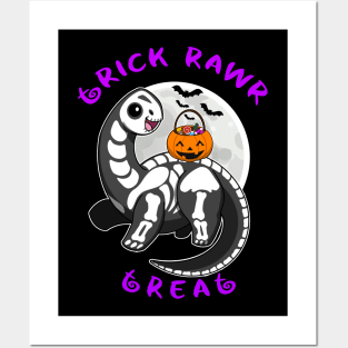 Trick Rawr Treat Halloween Dinosaur kawaii kids costume Brontosaurus Posters and Art